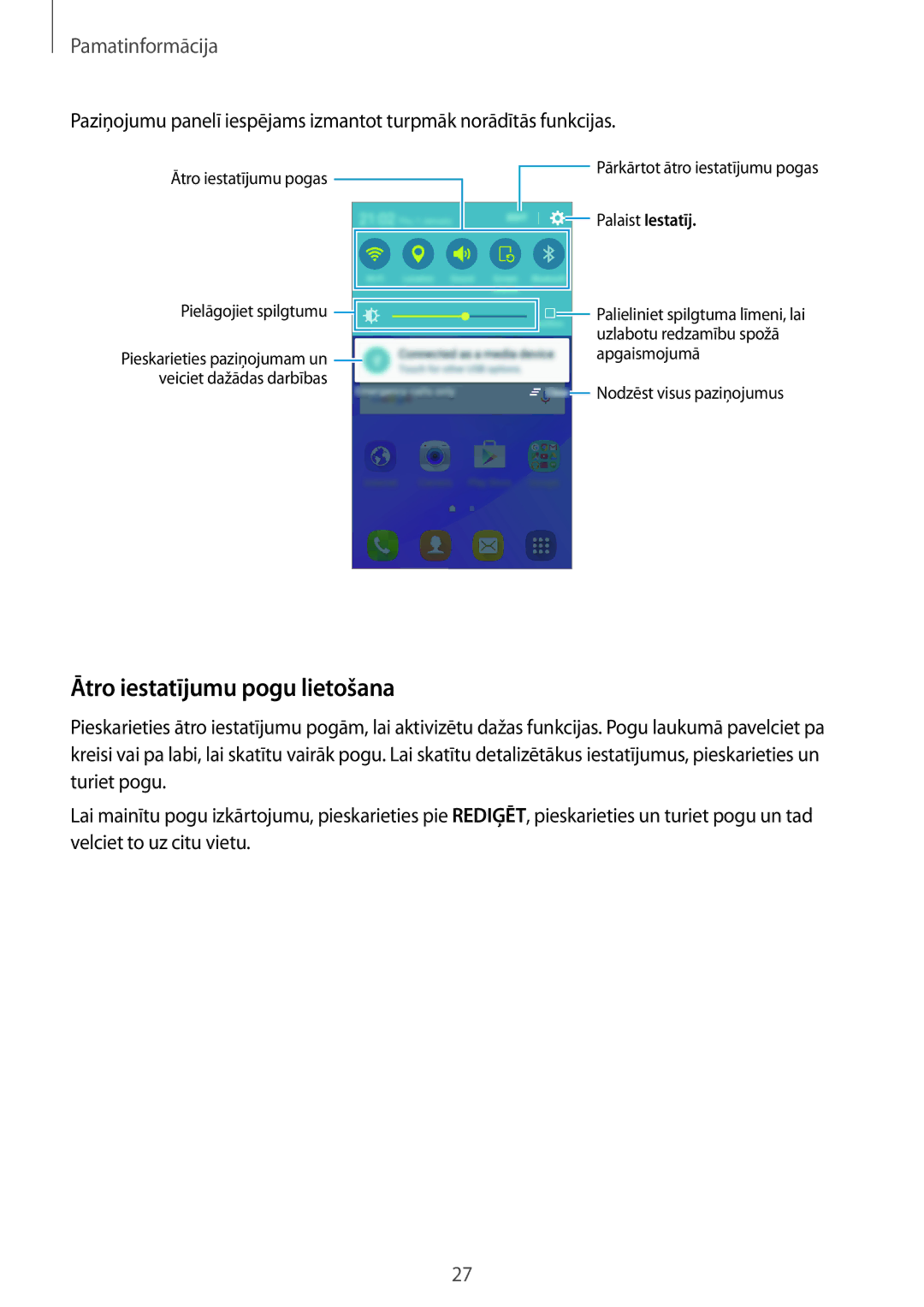 Samsung SM-J120FZDNSEB, SM-J120FZKNSEB manual Ātro iestatījumu pogu lietošana, Palaist Iestatīj 