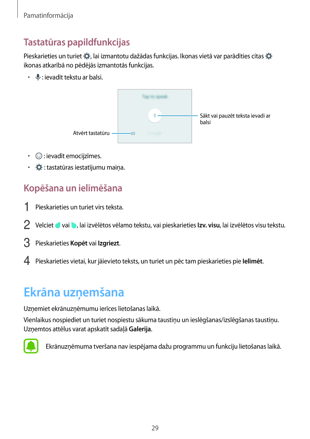 Samsung SM-J120FZDNSEB, SM-J120FZKNSEB manual Ekrāna uzņemšana, Tastatūras papildfunkcijas, Kopēšana un ielīmēšana 