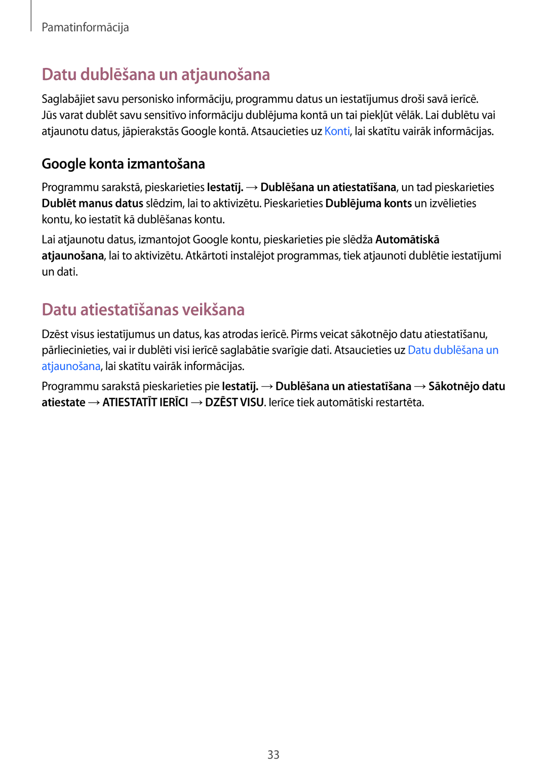 Samsung SM-J120FZDNSEB manual Datu dublēšana un atjaunošana, Datu atiestatīšanas veikšana, Google konta izmantošana 