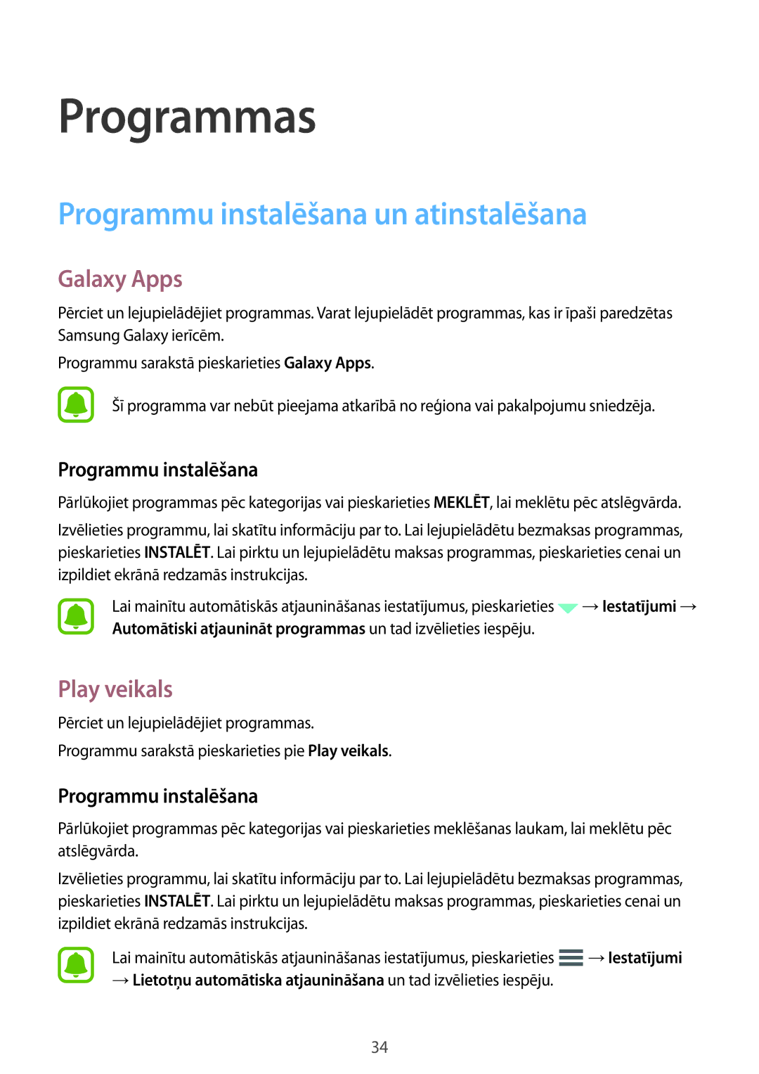 Samsung SM-J120FZKNSEB, SM-J120FZDNSEB manual Programmu instalēšana un atinstalēšana, Galaxy Apps, Play veikals 