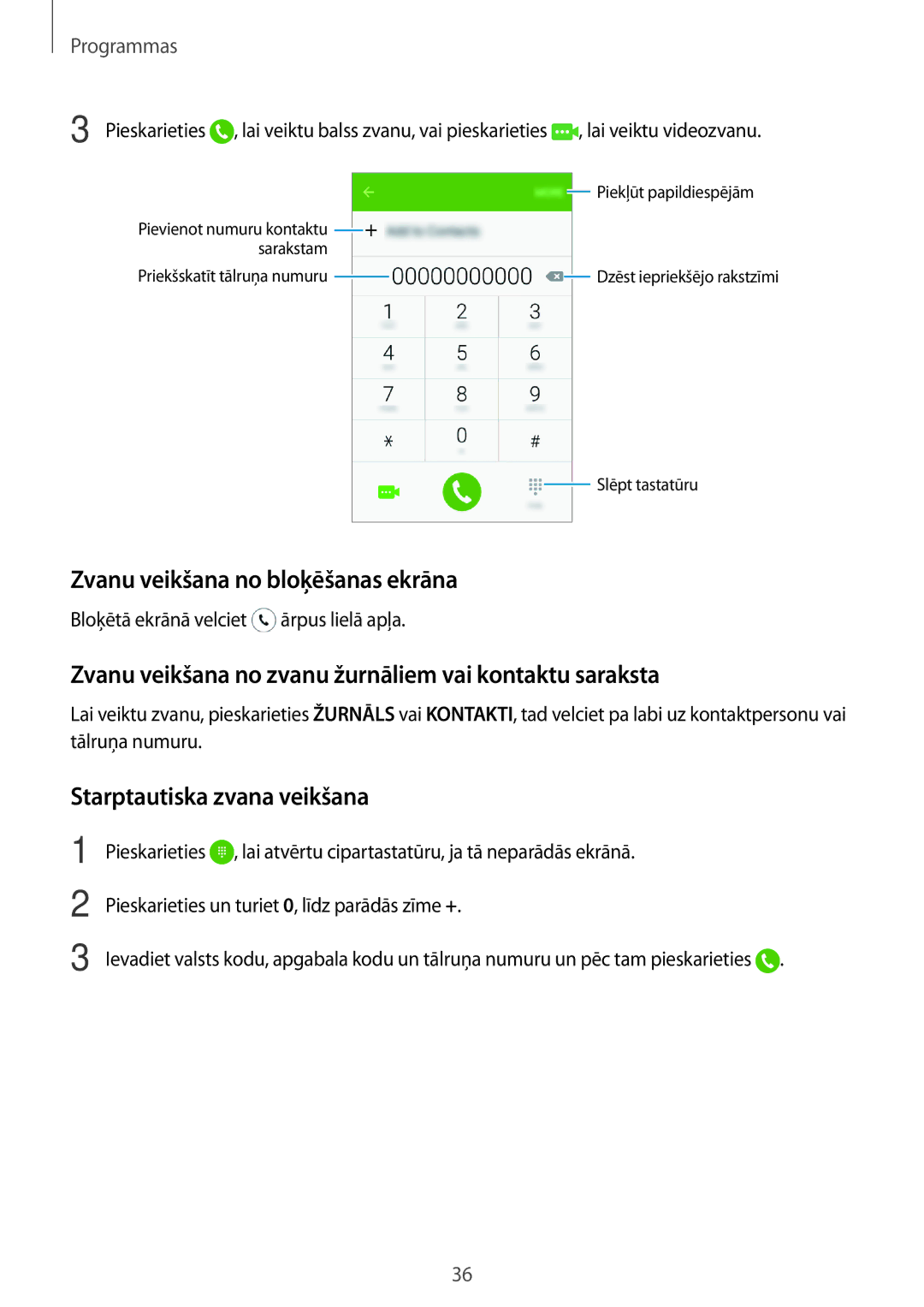 Samsung SM-J120FZKNSEB manual Zvanu veikšana no bloķēšanas ekrāna, Zvanu veikšana no zvanu žurnāliem vai kontaktu saraksta 