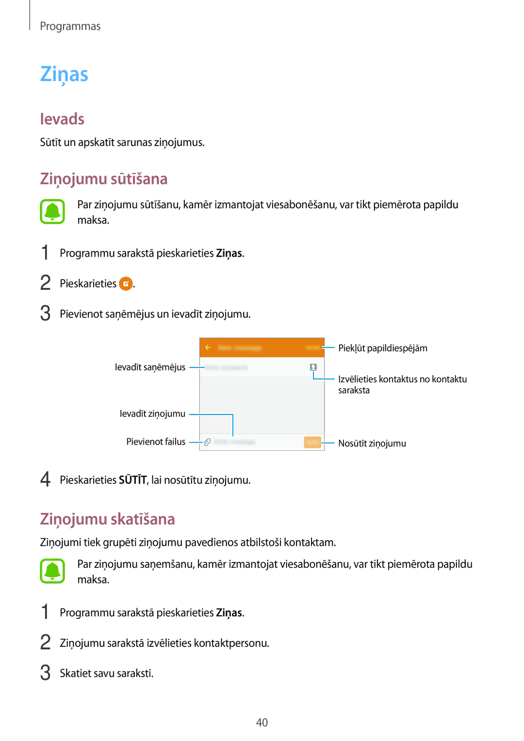 Samsung SM-J120FZKNSEB, SM-J120FZDNSEB manual Ziņas, Ziņojumu sūtīšana, Ziņojumu skatīšana 