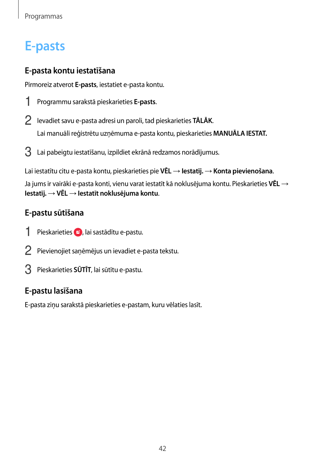 Samsung SM-J120FZKNSEB, SM-J120FZDNSEB manual Pasts, Pasta kontu iestatīšana, Pastu sūtīšana, Pastu lasīšana 