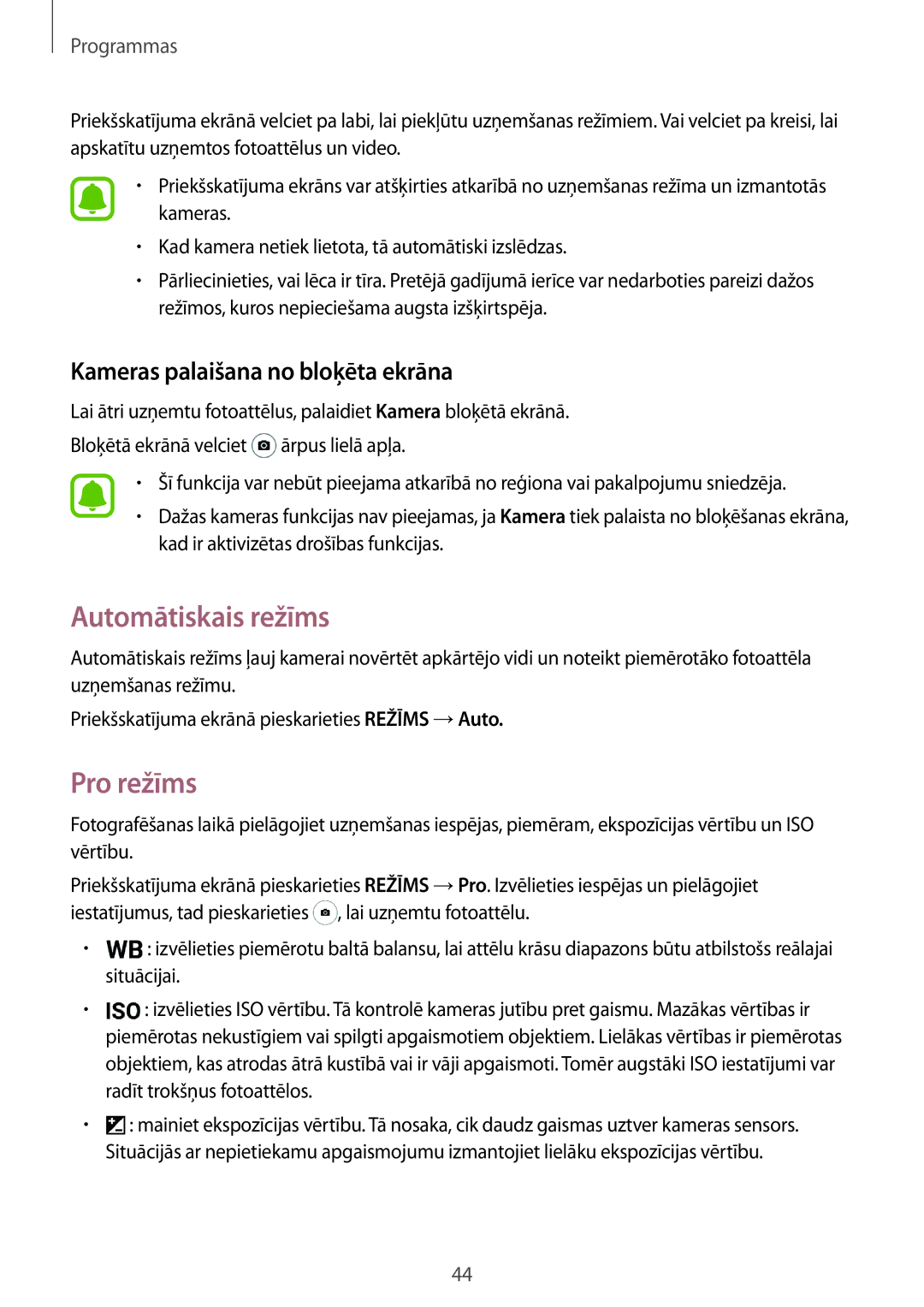 Samsung SM-J120FZKNSEB, SM-J120FZDNSEB manual Automātiskais režīms, Pro režīms, Kameras palaišana no bloķēta ekrāna 