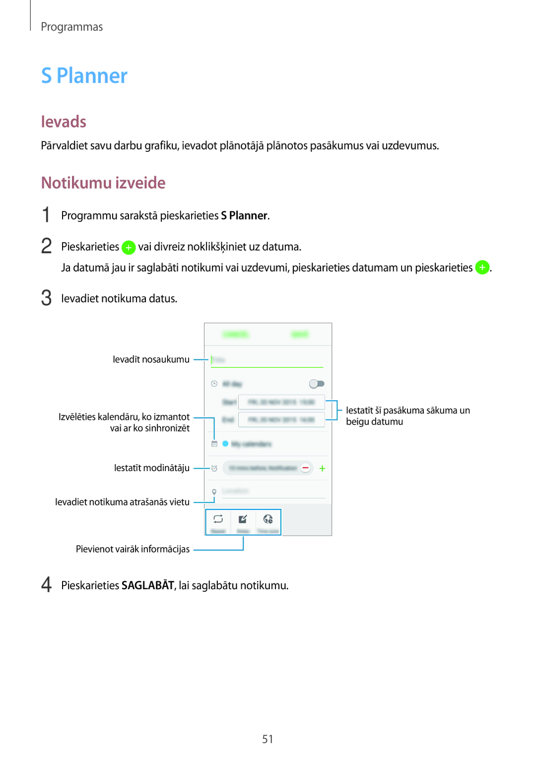 Samsung SM-J120FZDNSEB, SM-J120FZKNSEB manual Planner, Notikumu izveide 