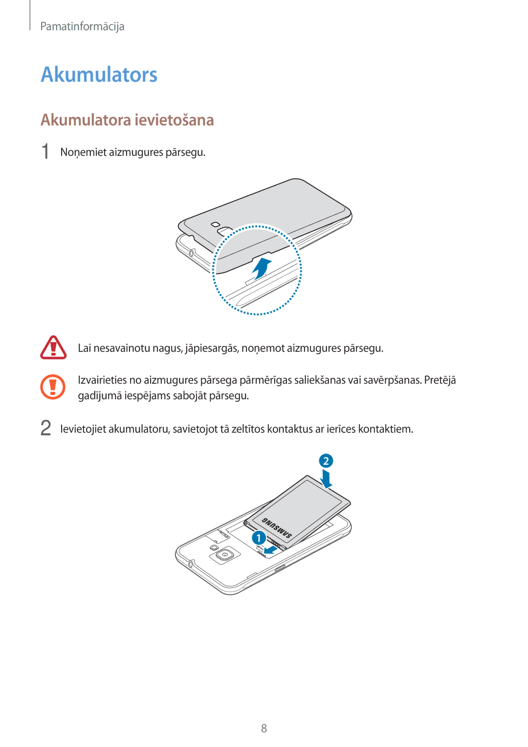 Samsung SM-J120FZKNSEB, SM-J120FZDNSEB manual Akumulators, Akumulatora ievietošana 