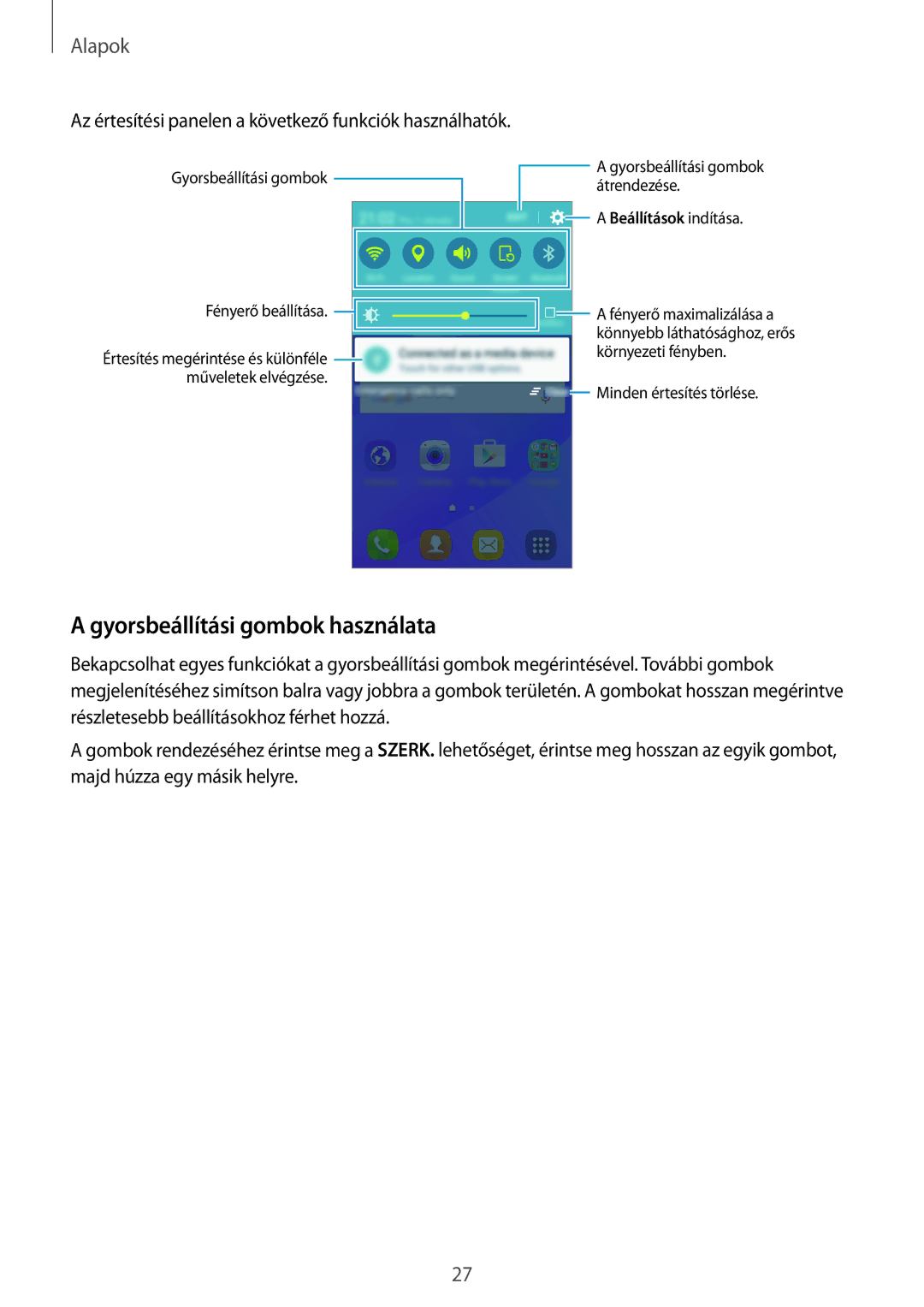 Samsung SM-J120FZWNXEH manual Gyorsbeállítási gombok használata, Az értesítési panelen a következő funkciók használhatók 