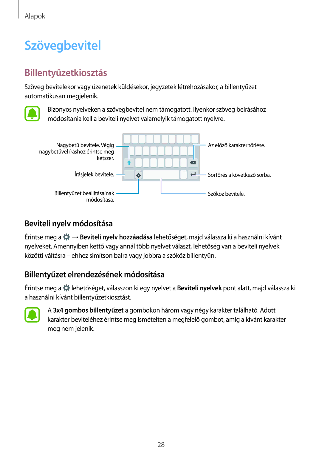 Samsung SM-J120FZWNORX, SM-J120FZWNEUR, SM-J120FZKNEUR manual Szövegbevitel, Billentyűzetkiosztás, Beviteli nyelv módosítása 