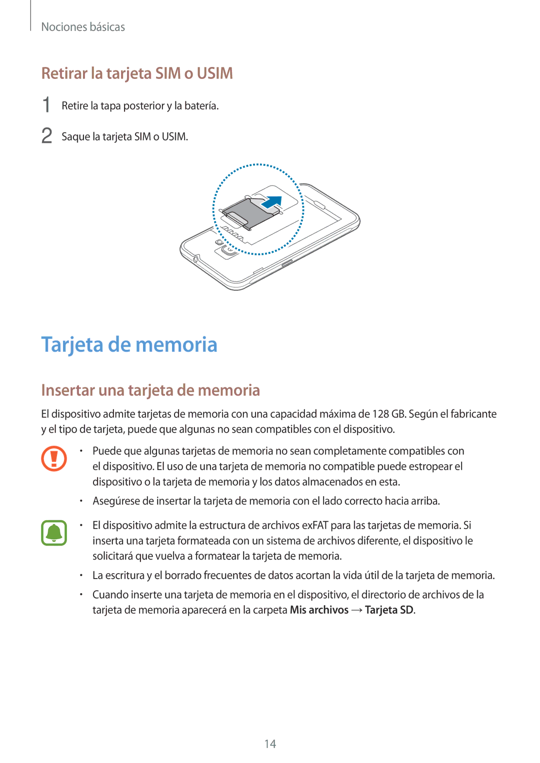 Samsung SM-J120FZWNPHE manual Tarjeta de memoria, Retirar la tarjeta SIM o Usim, Insertar una tarjeta de memoria 