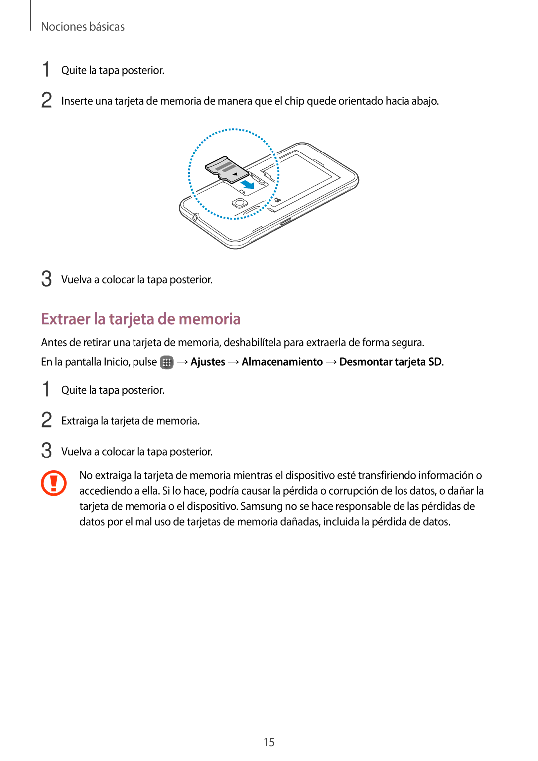 Samsung SM-J120FZWNPHE manual Extraer la tarjeta de memoria 