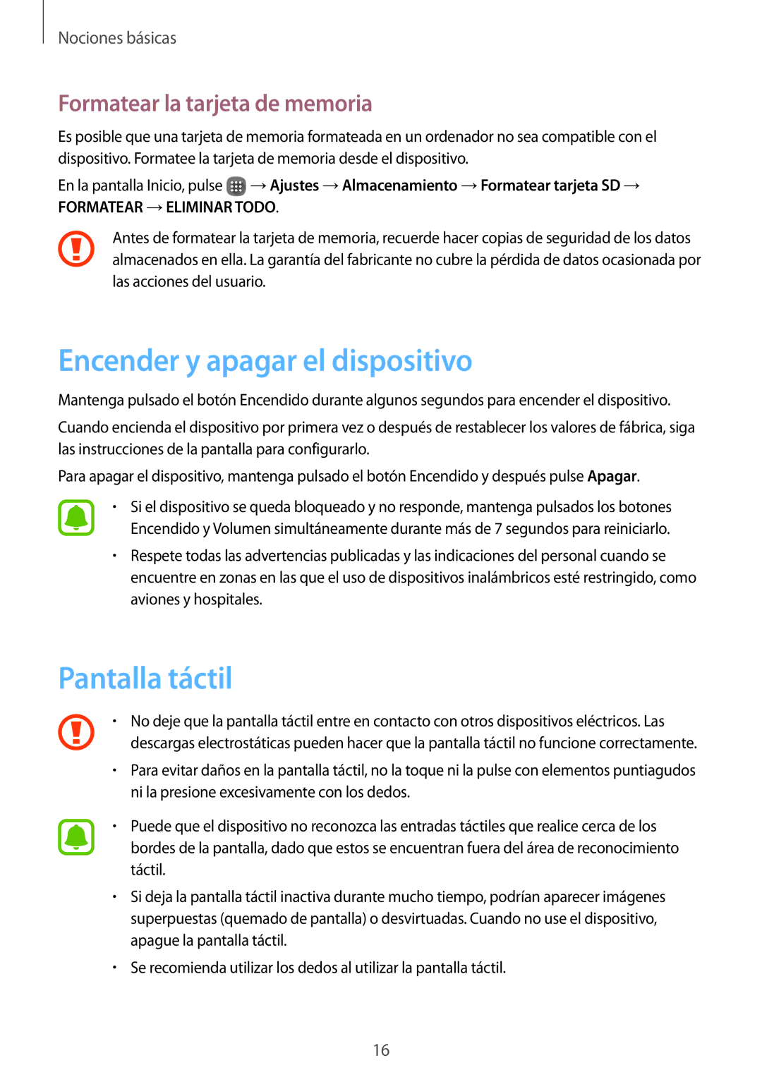 Samsung SM-J120FZWNPHE manual Encender y apagar el dispositivo, Pantalla táctil, Formatear la tarjeta de memoria 