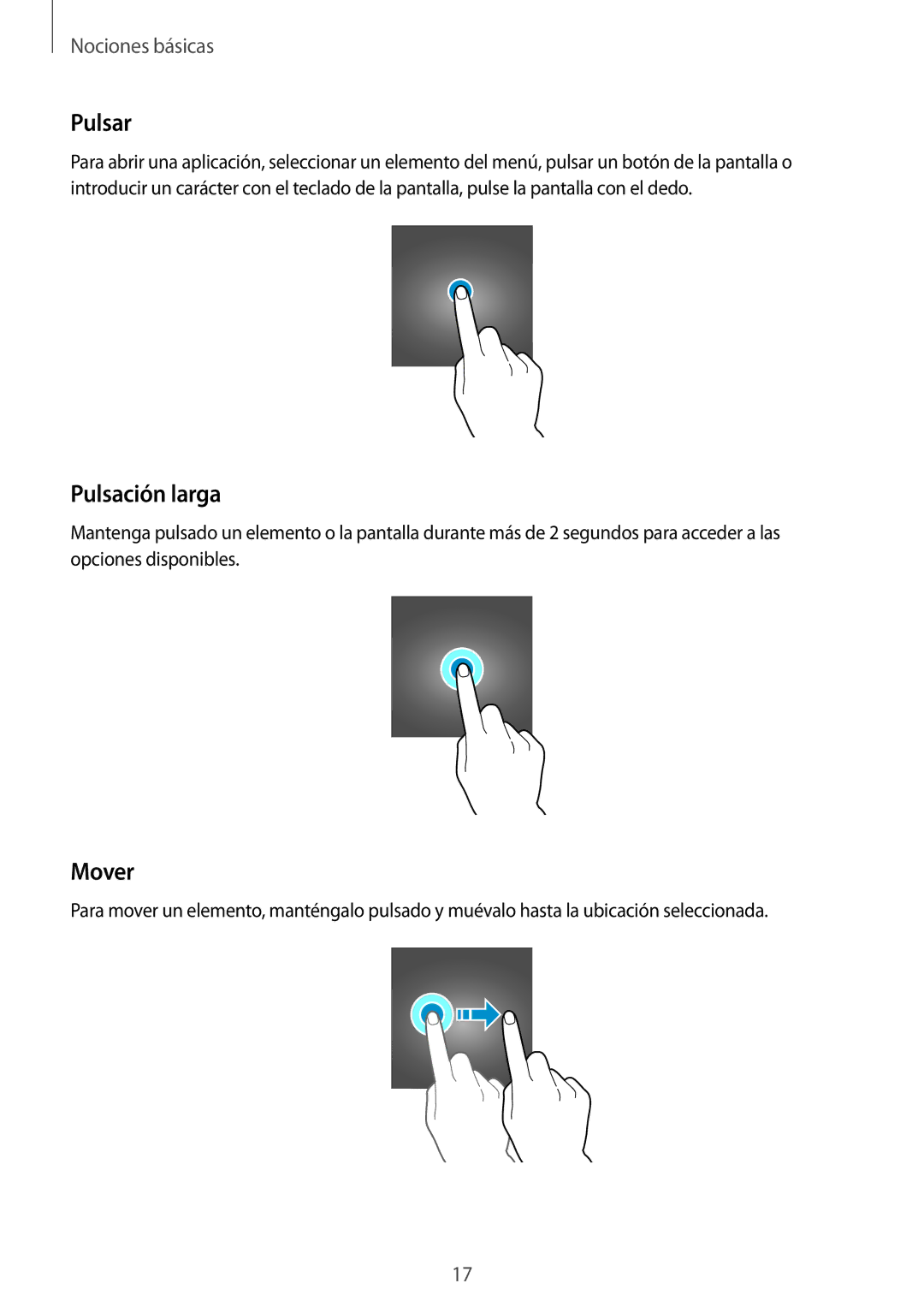 Samsung SM-J120FZWNPHE manual Pulsar, Pulsación larga, Mover 