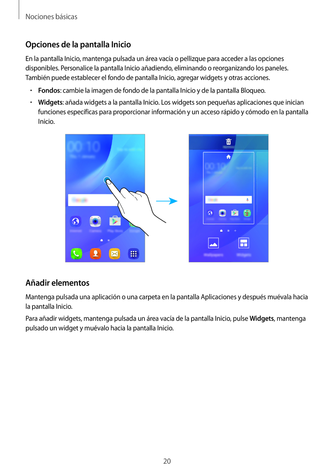 Samsung SM-J120FZWNPHE manual Opciones de la pantalla Inicio, Añadir elementos 