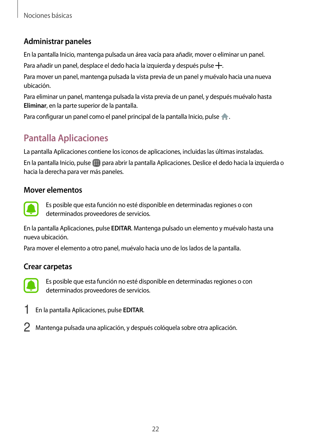 Samsung SM-J120FZWNPHE manual Pantalla Aplicaciones, Administrar paneles, Mover elementos 