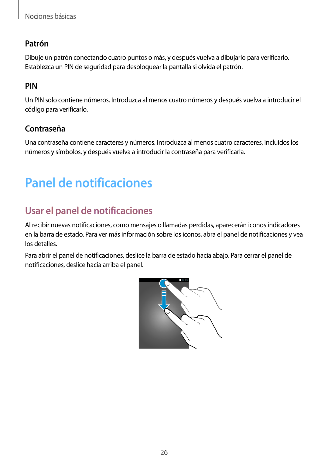 Samsung SM-J120FZWNPHE manual Panel de notificaciones, Usar el panel de notificaciones, Patrón, Contraseña 