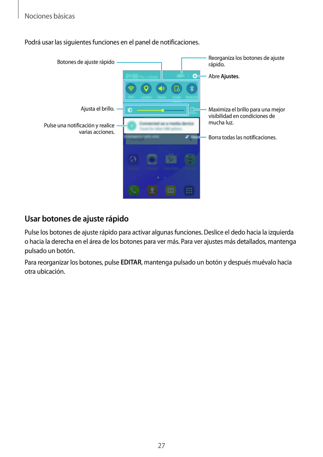 Samsung SM-J120FZWNPHE manual Usar botones de ajuste rápido 