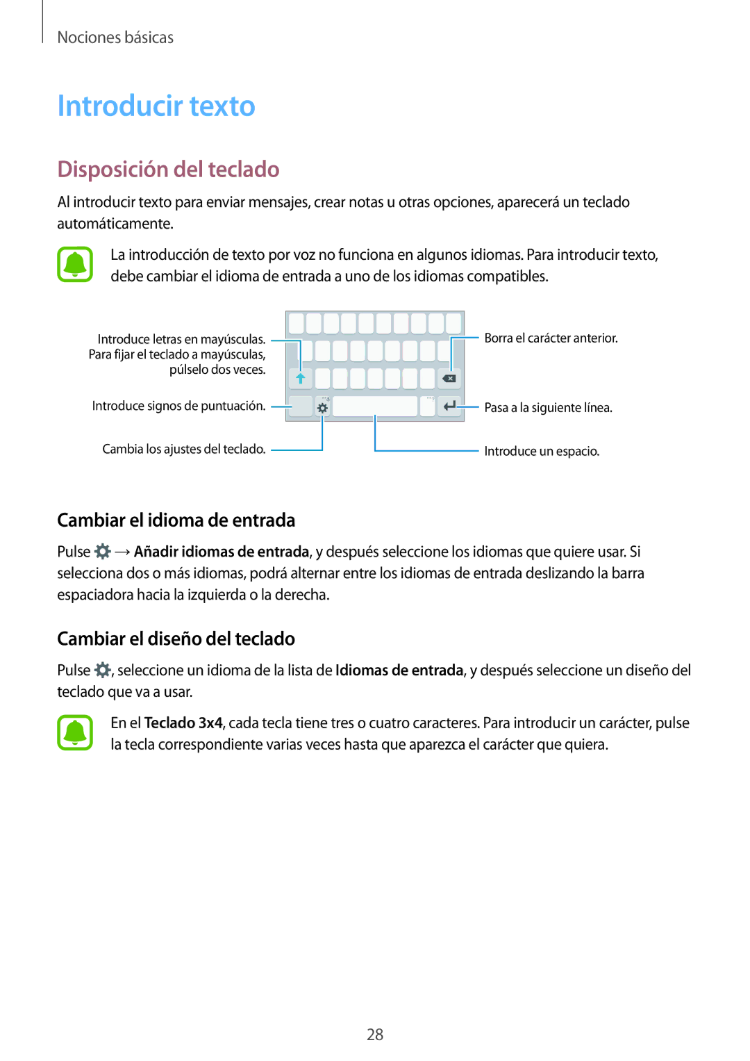 Samsung SM-J120FZWNPHE manual Introducir texto, Disposición del teclado, Cambiar el idioma de entrada 