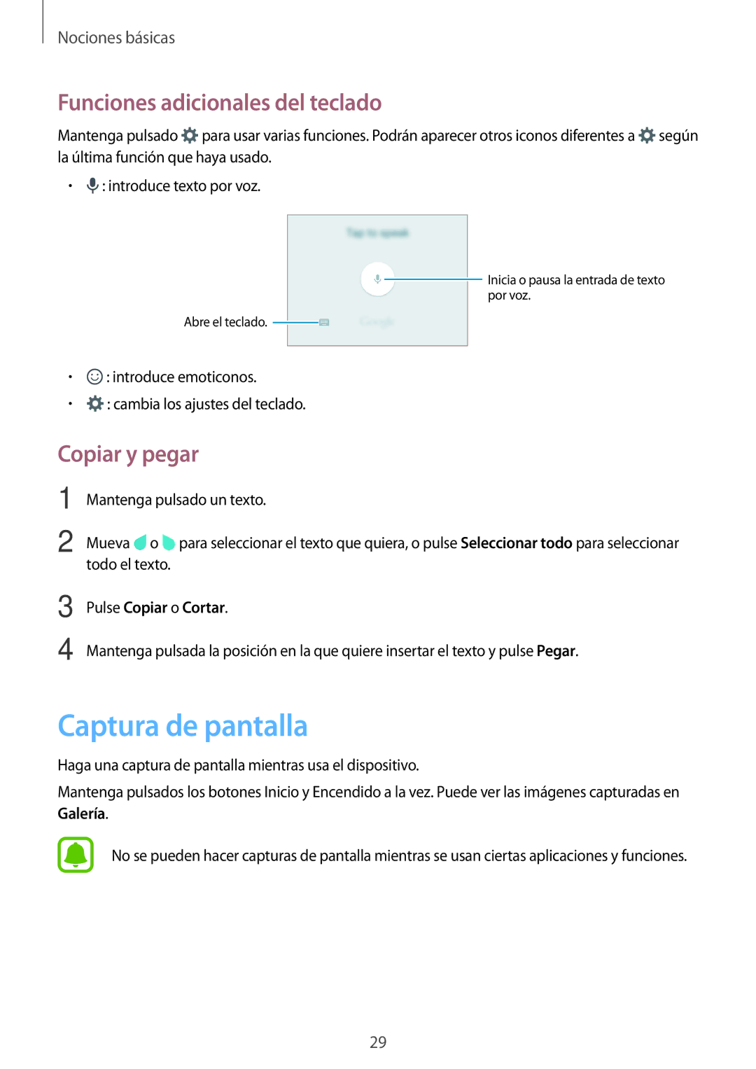 Samsung SM-J120FZWNPHE manual Captura de pantalla, Funciones adicionales del teclado, Copiar y pegar 