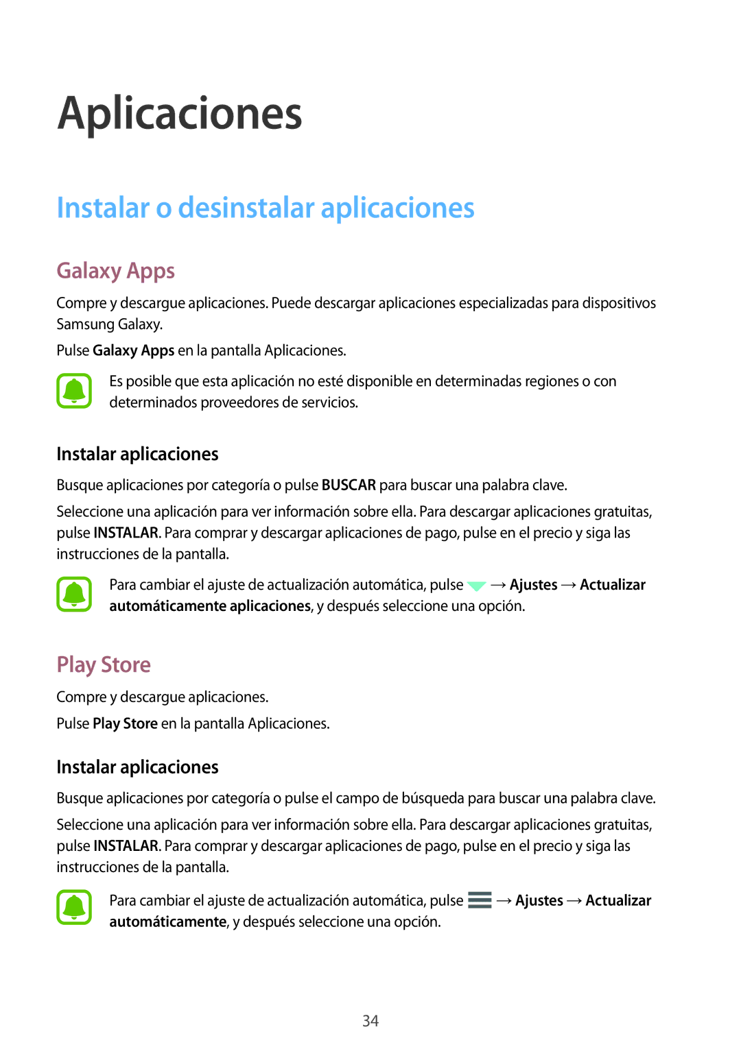 Samsung SM-J120FZWNPHE manual Instalar o desinstalar aplicaciones, Galaxy Apps, Play Store, Instalar aplicaciones 