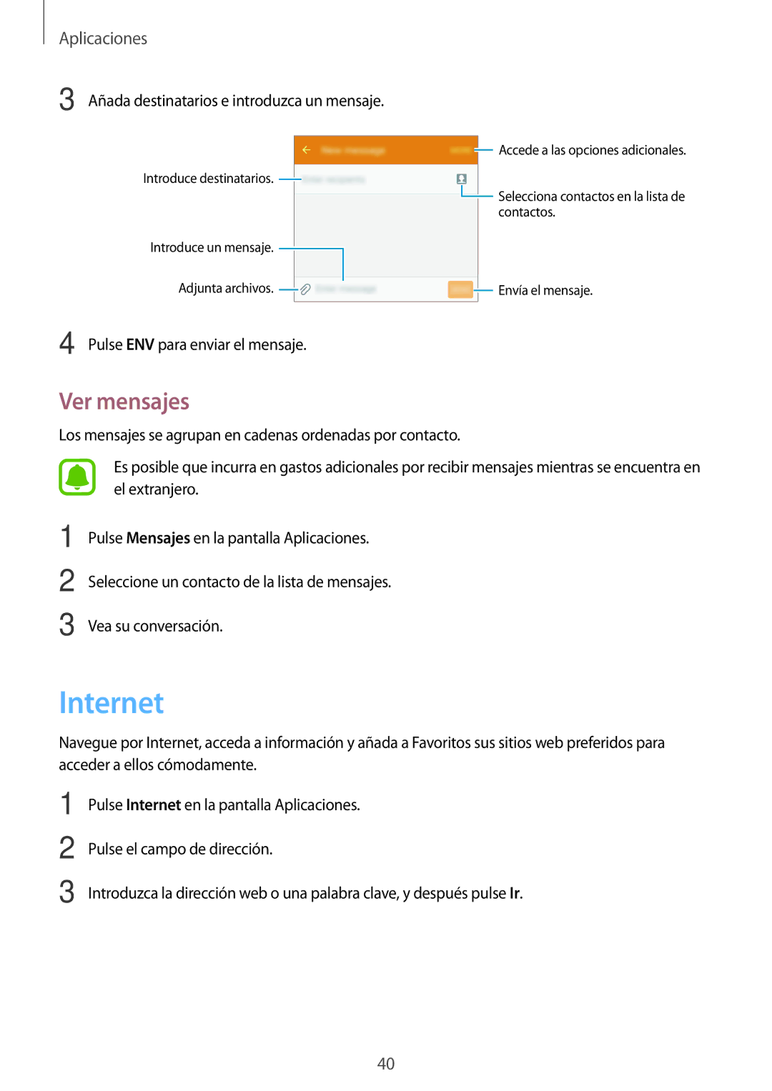 Samsung SM-J120FZWNPHE manual Internet, Ver mensajes 