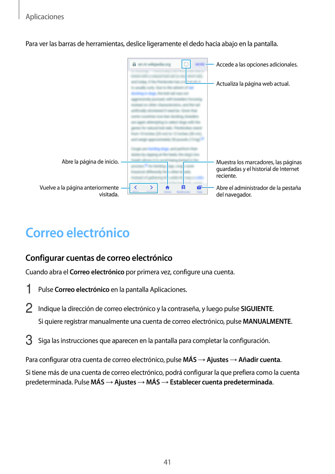 Samsung SM-J120FZWNPHE manual Correo electrónico, Configurar cuentas de correo electrónico 