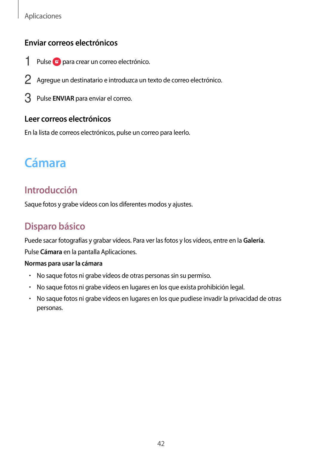 Samsung SM-J120FZWNPHE manual Cámara, Disparo básico, Enviar correos electrónicos, Leer correos electrónicos 