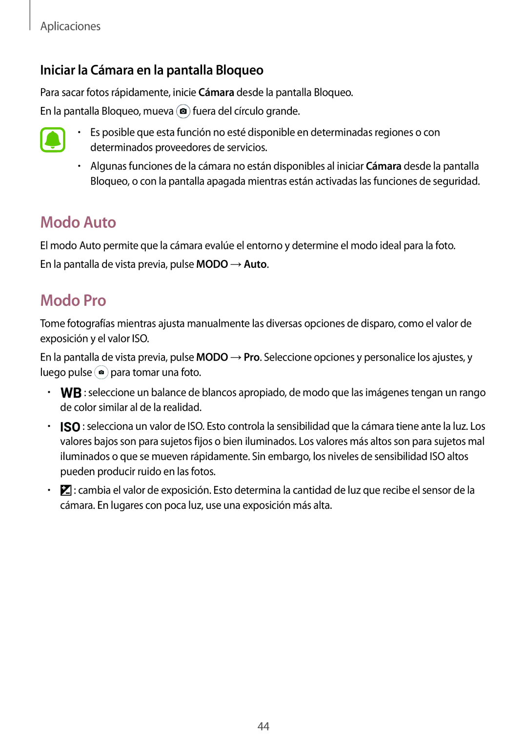 Samsung SM-J120FZWNPHE manual Modo Auto, Modo Pro, Iniciar la Cámara en la pantalla Bloqueo 