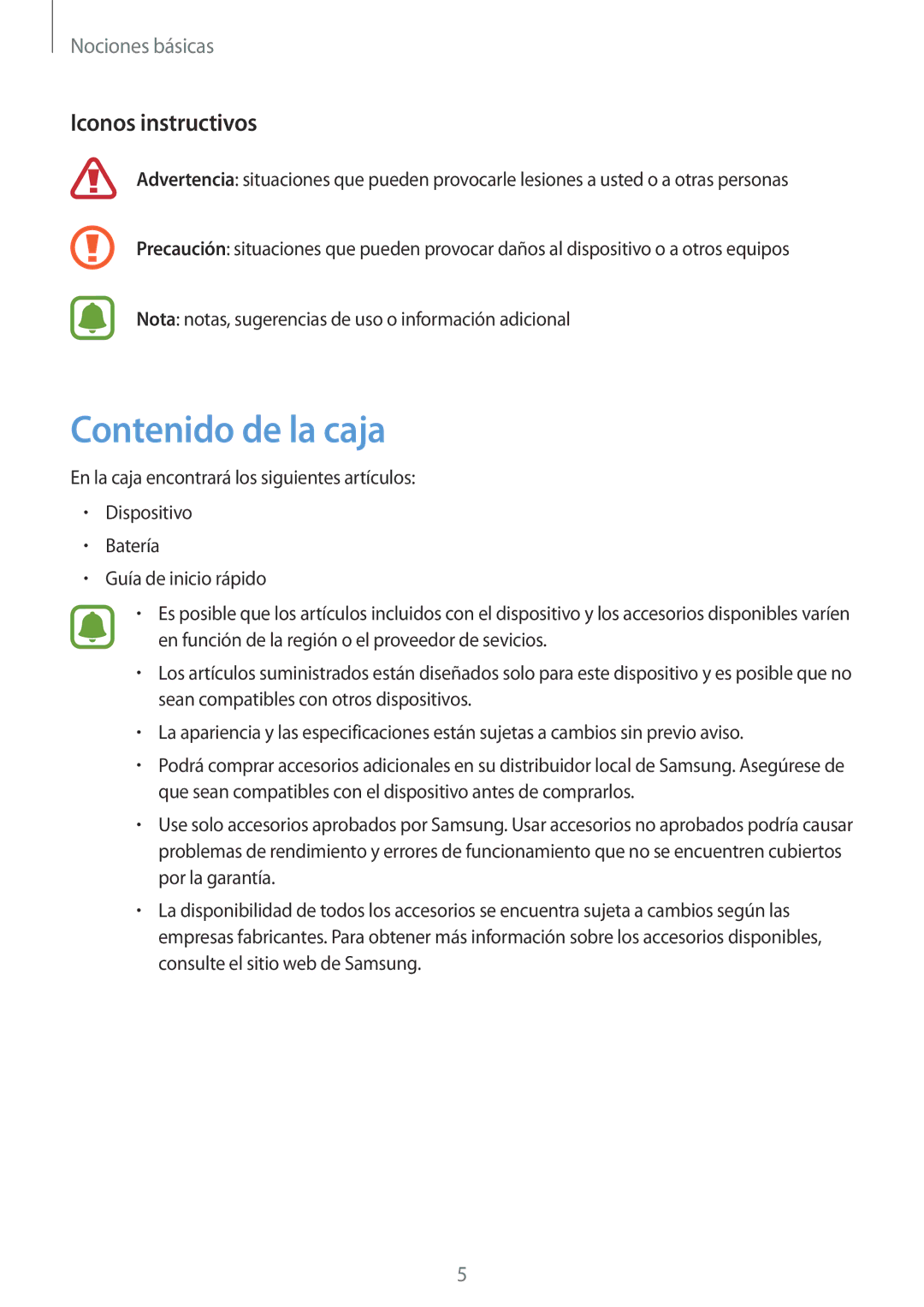 Samsung SM-J120FZWNPHE manual Contenido de la caja, Iconos instructivos 