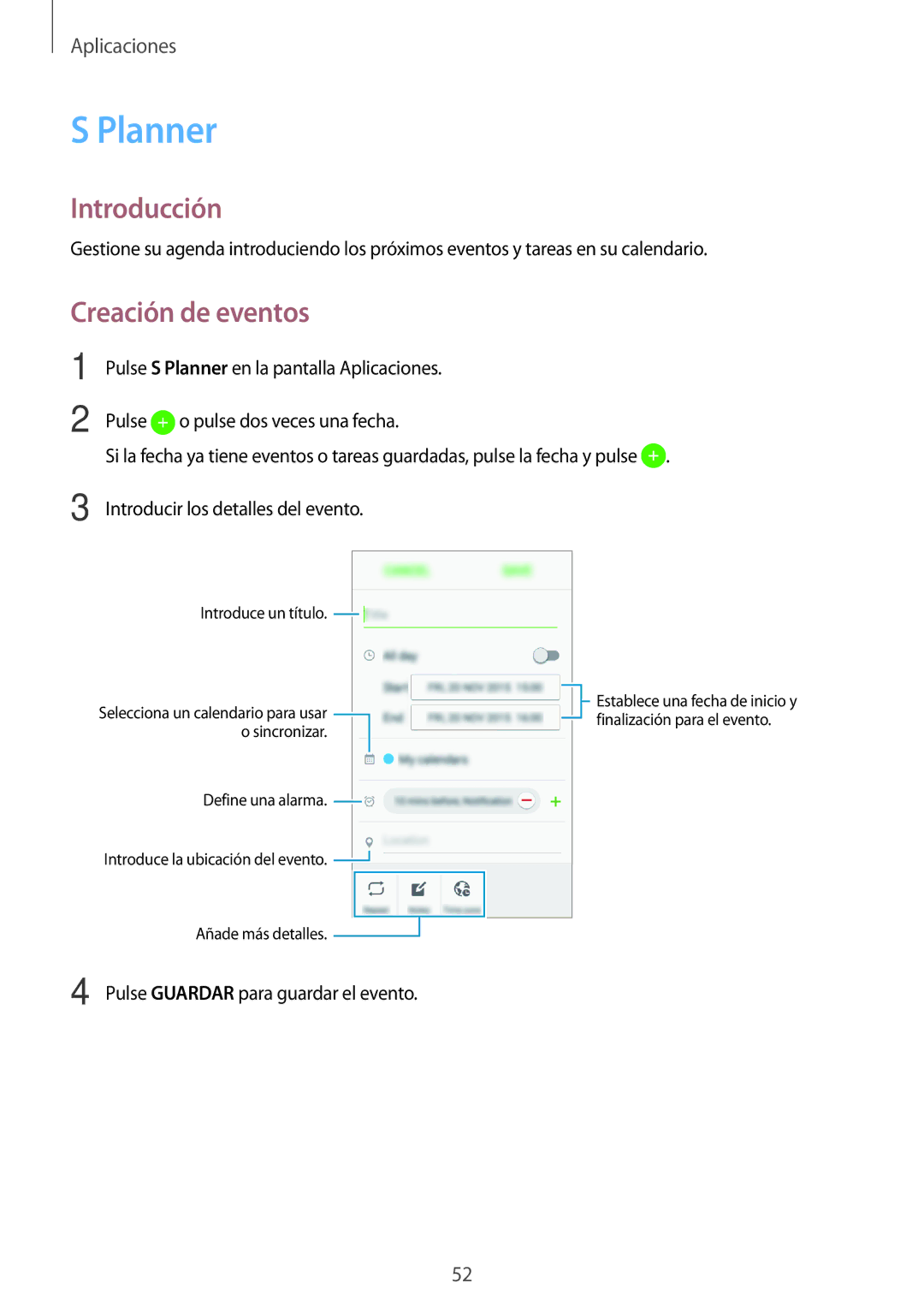 Samsung SM-J120FZWNPHE manual Planner, Creación de eventos 