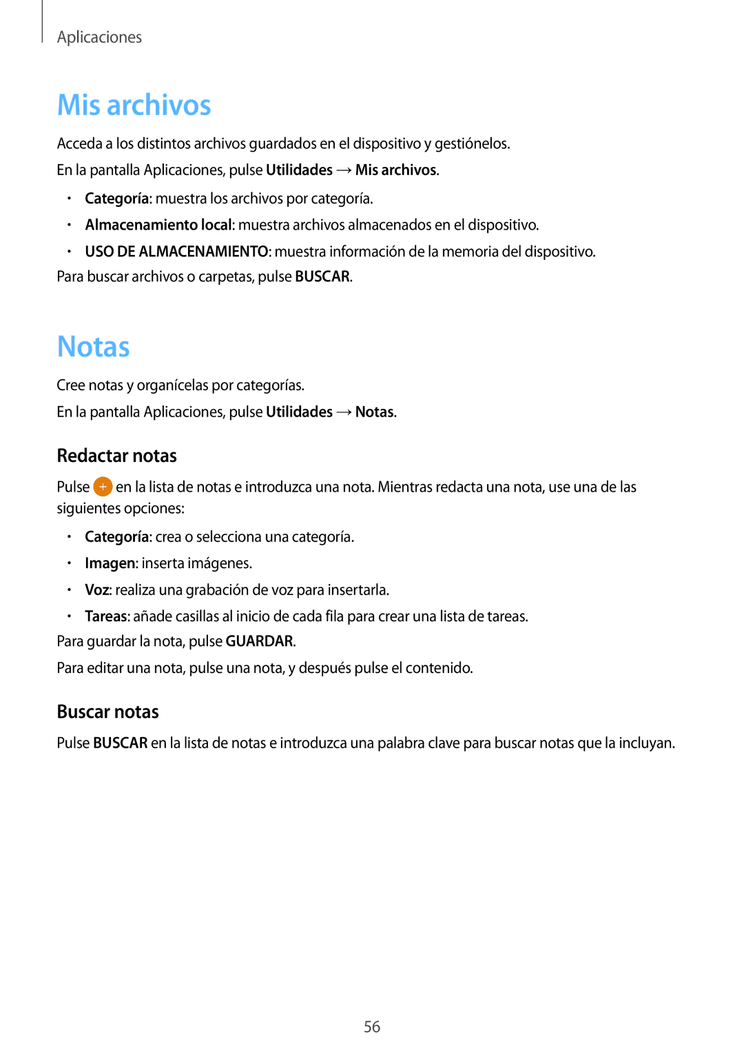 Samsung SM-J120FZWNPHE manual Mis archivos, Notas, Redactar notas, Buscar notas 