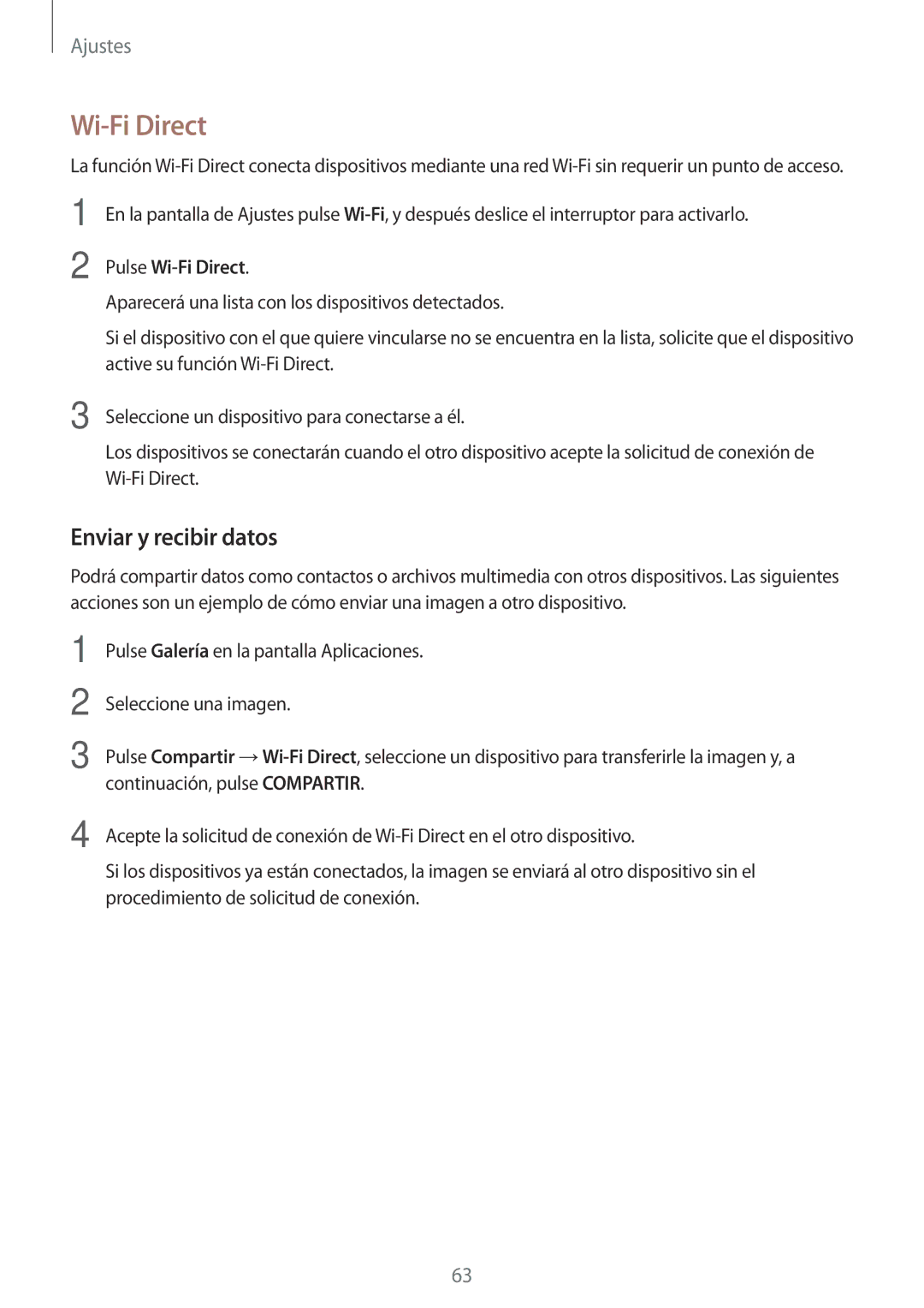 Samsung SM-J120FZWNPHE manual Wi-Fi Direct, Enviar y recibir datos 