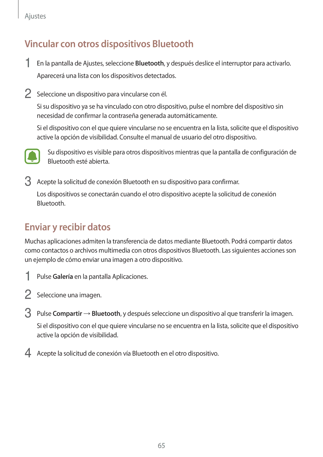 Samsung SM-J120FZWNPHE manual Vincular con otros dispositivos Bluetooth, Enviar y recibir datos 