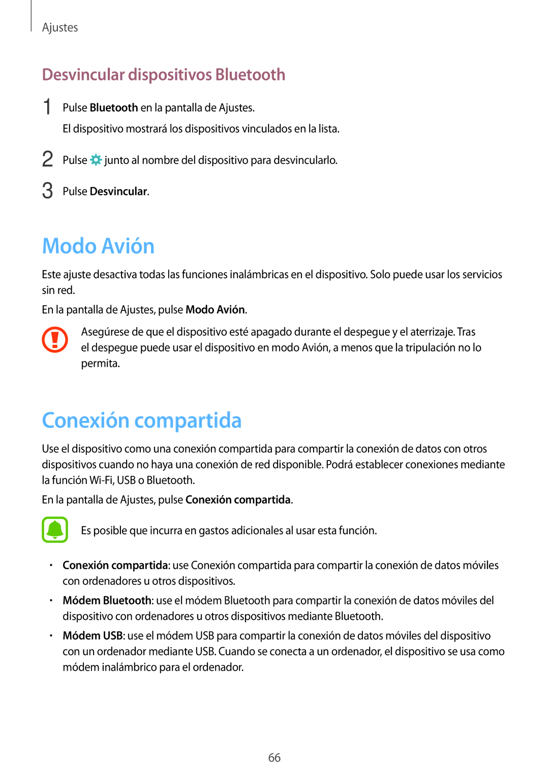 Samsung SM-J120FZWNPHE manual Modo Avión, Conexión compartida, Desvincular dispositivos Bluetooth 