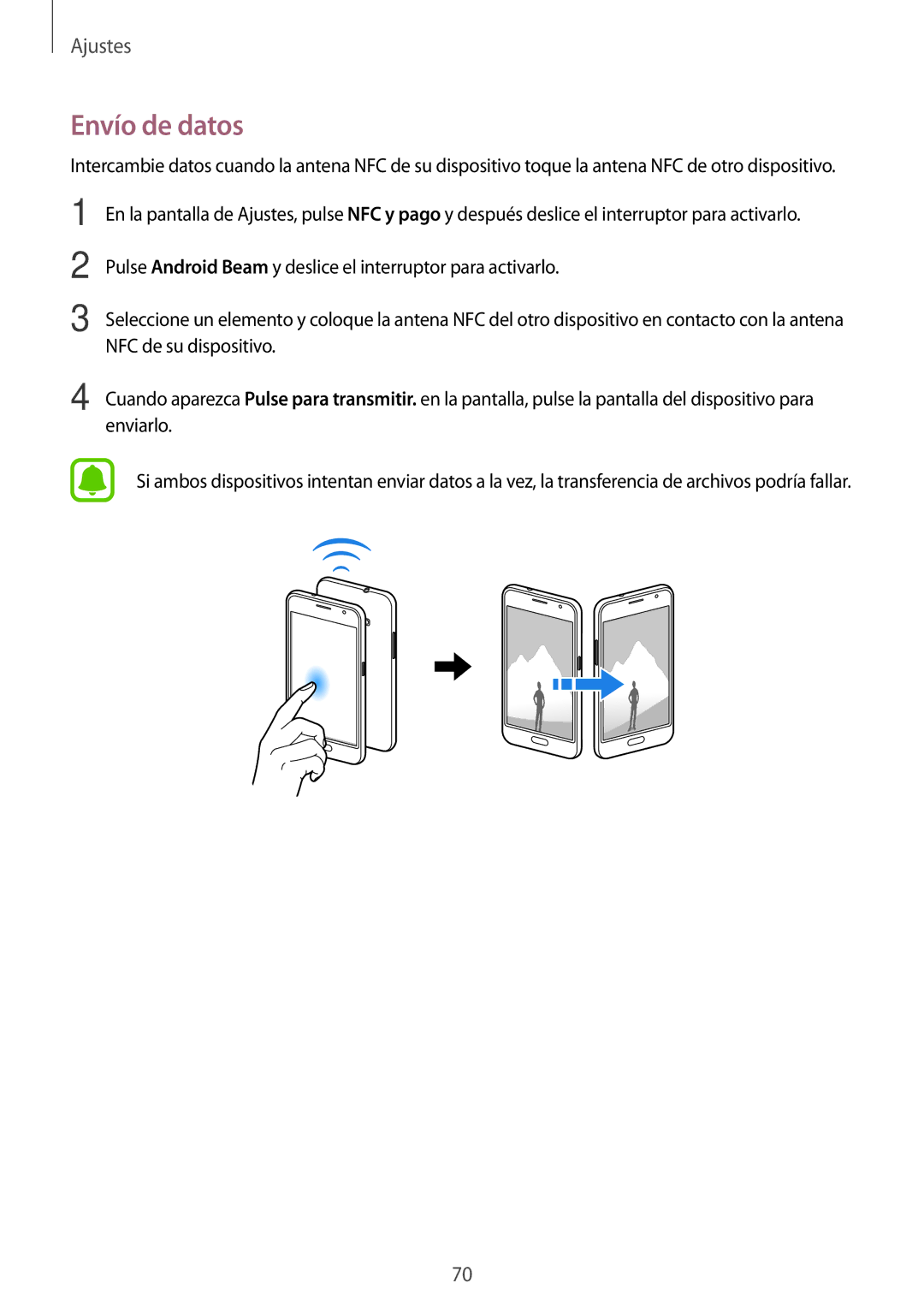 Samsung SM-J120FZWNPHE manual Envío de datos, Pulse Android Beam y deslice el interruptor para activarlo 