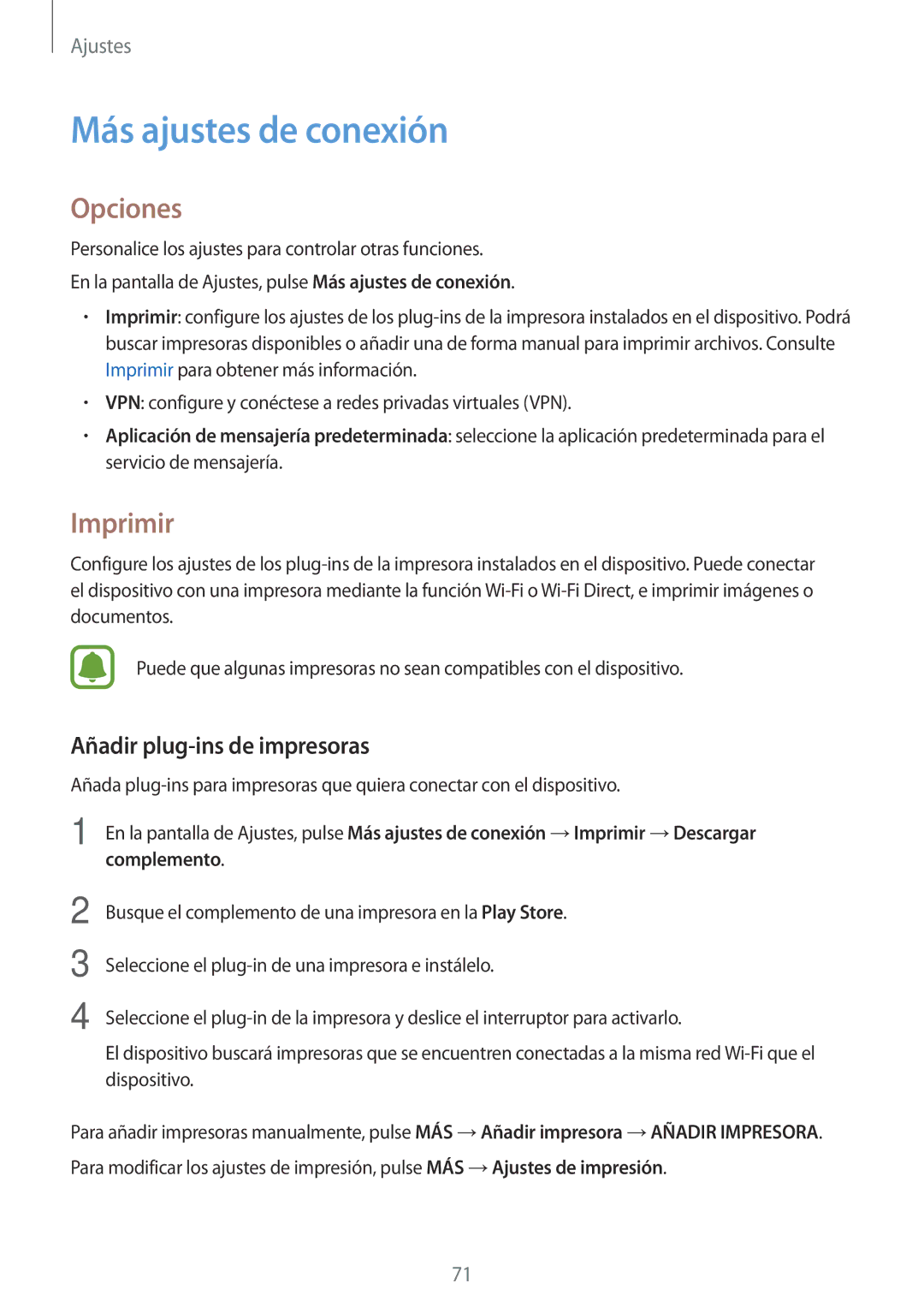 Samsung SM-J120FZWNPHE manual Más ajustes de conexión, Opciones, Imprimir, Añadir plug-ins de impresoras 