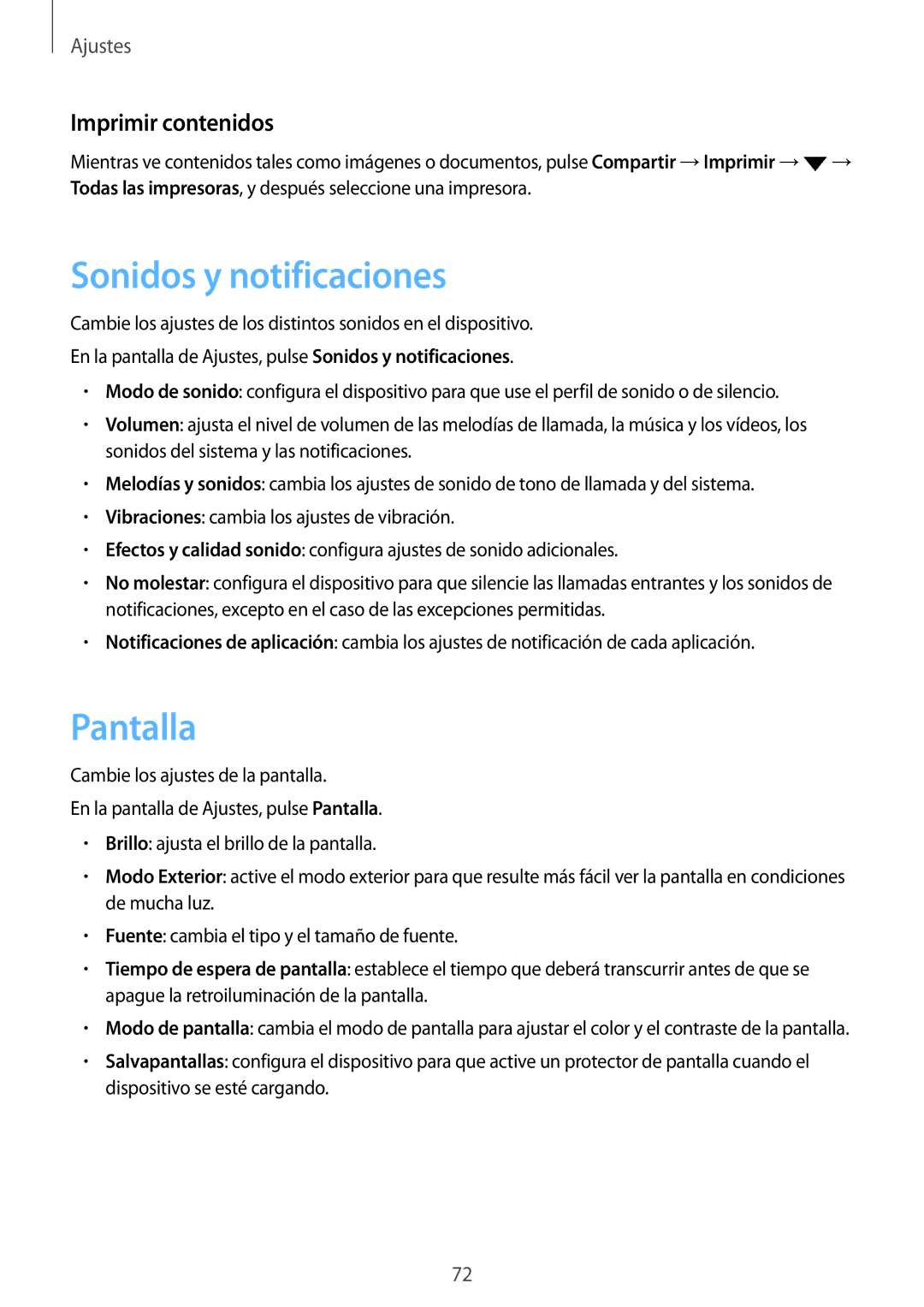 Samsung SM-J120FZWNPHE manual Sonidos y notificaciones, Pantalla, Imprimir contenidos 