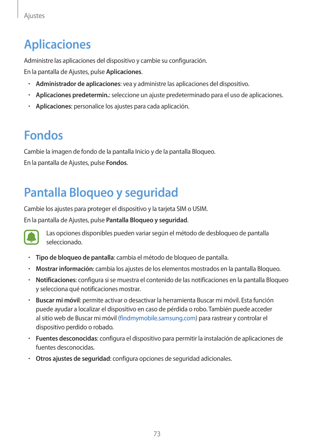 Samsung SM-J120FZWNPHE manual Aplicaciones, Fondos, Pantalla Bloqueo y seguridad 