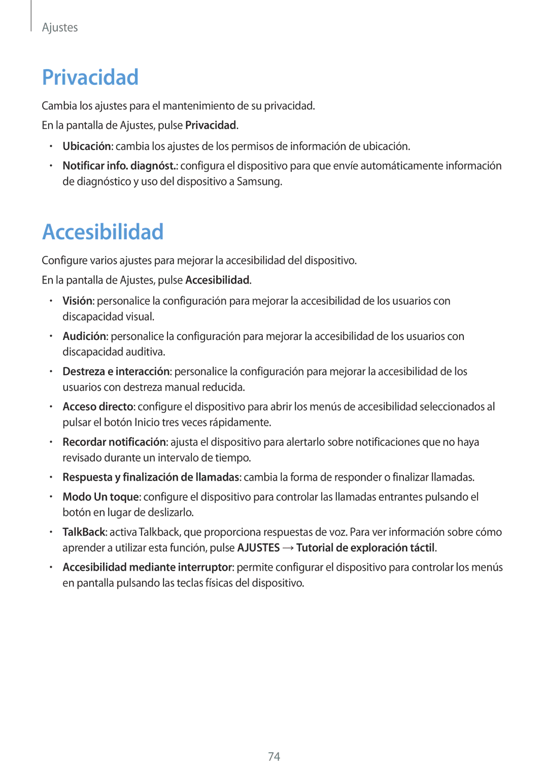 Samsung SM-J120FZWNPHE manual Privacidad, Accesibilidad 