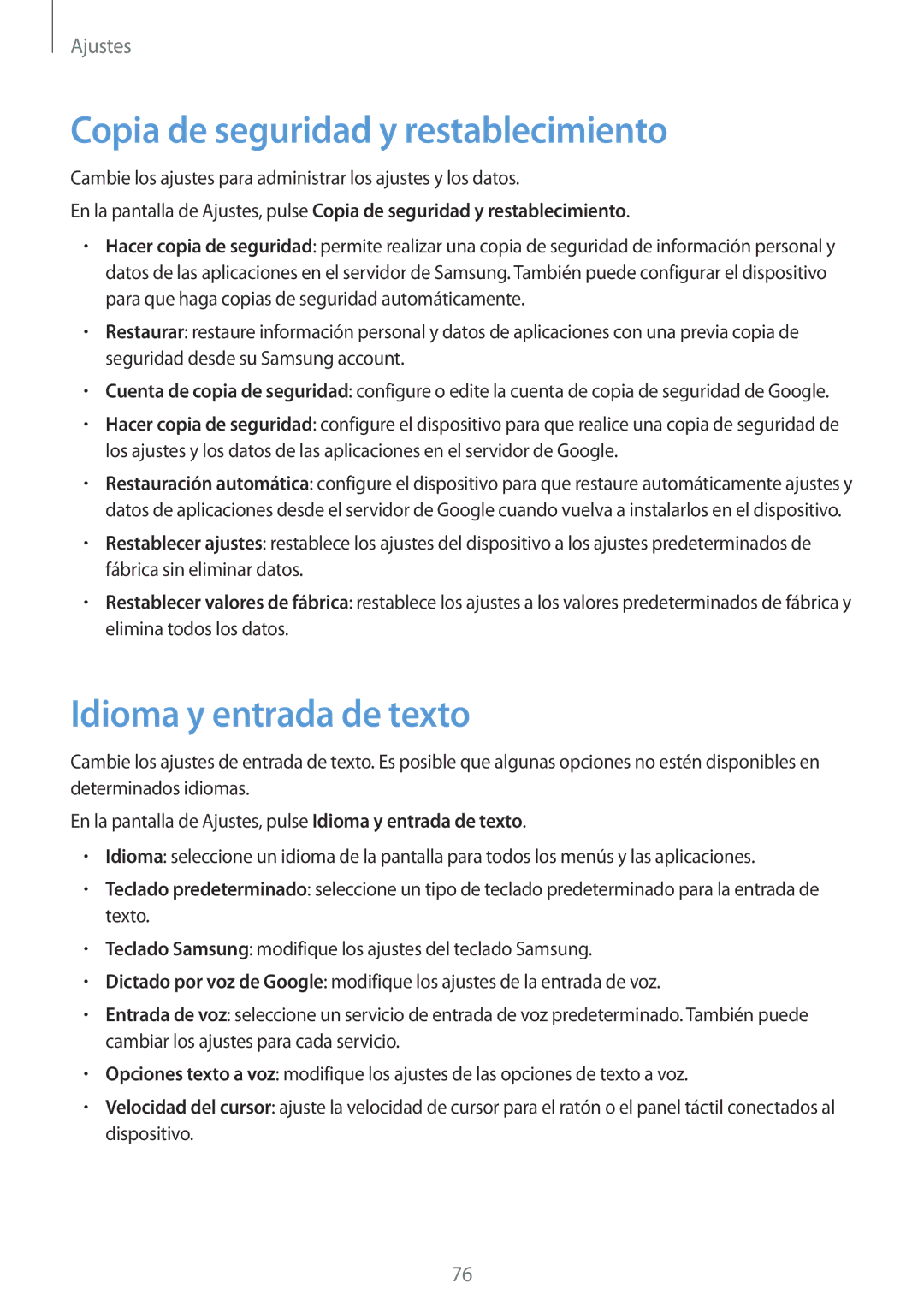 Samsung SM-J120FZWNPHE manual Copia de seguridad y restablecimiento, Idioma y entrada de texto 