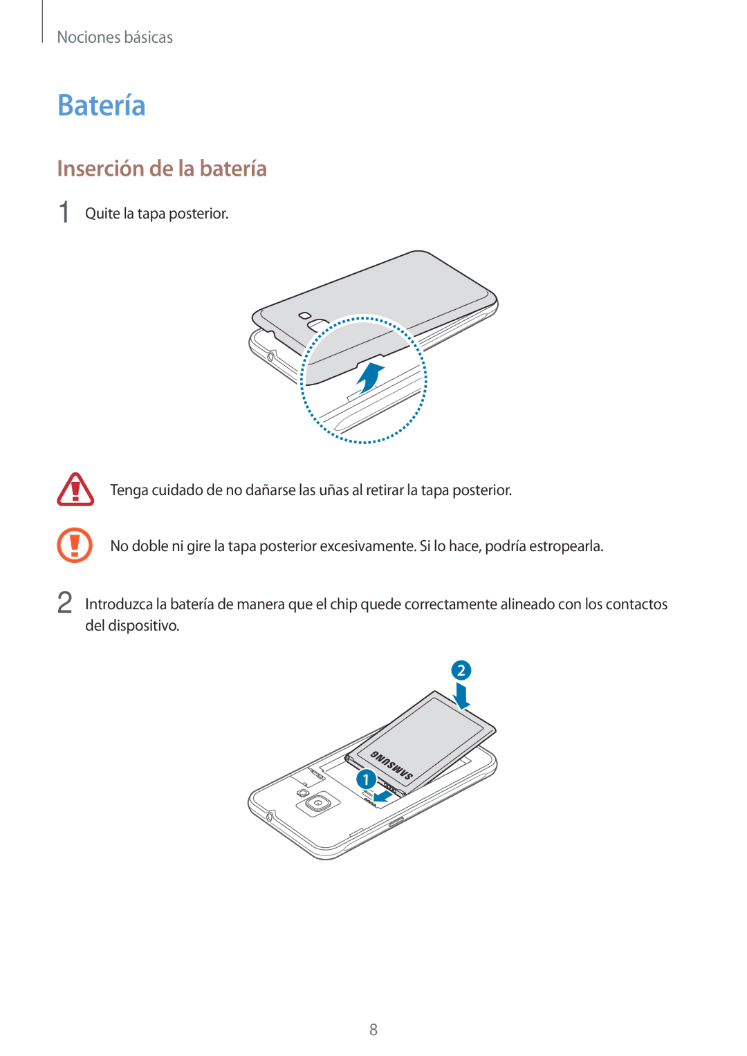 Samsung SM-J120FZWNPHE manual Batería, Inserción de la batería 