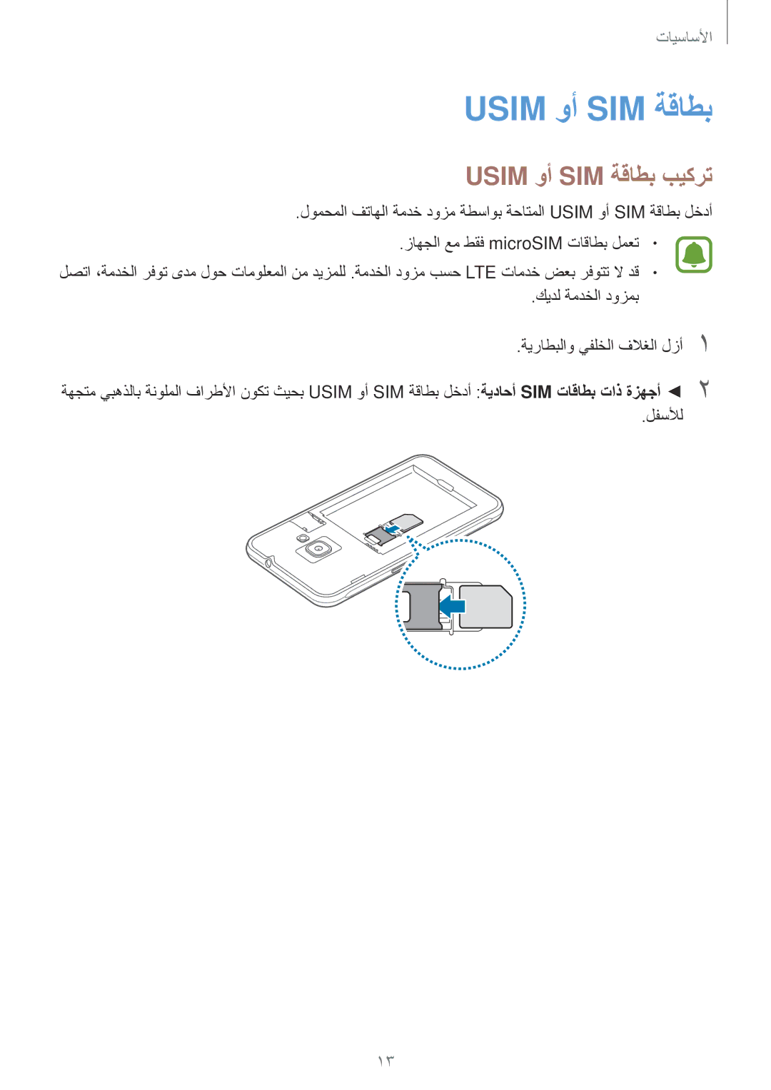 Samsung SM-J120FZKDKSA, SM-J120HZDDKSA, SM-J120HZKDKSA, SM-J120FZDDKSA, SM-J120HZWDKSA manual Usim وأ SIM ةقاطب بيكرت 