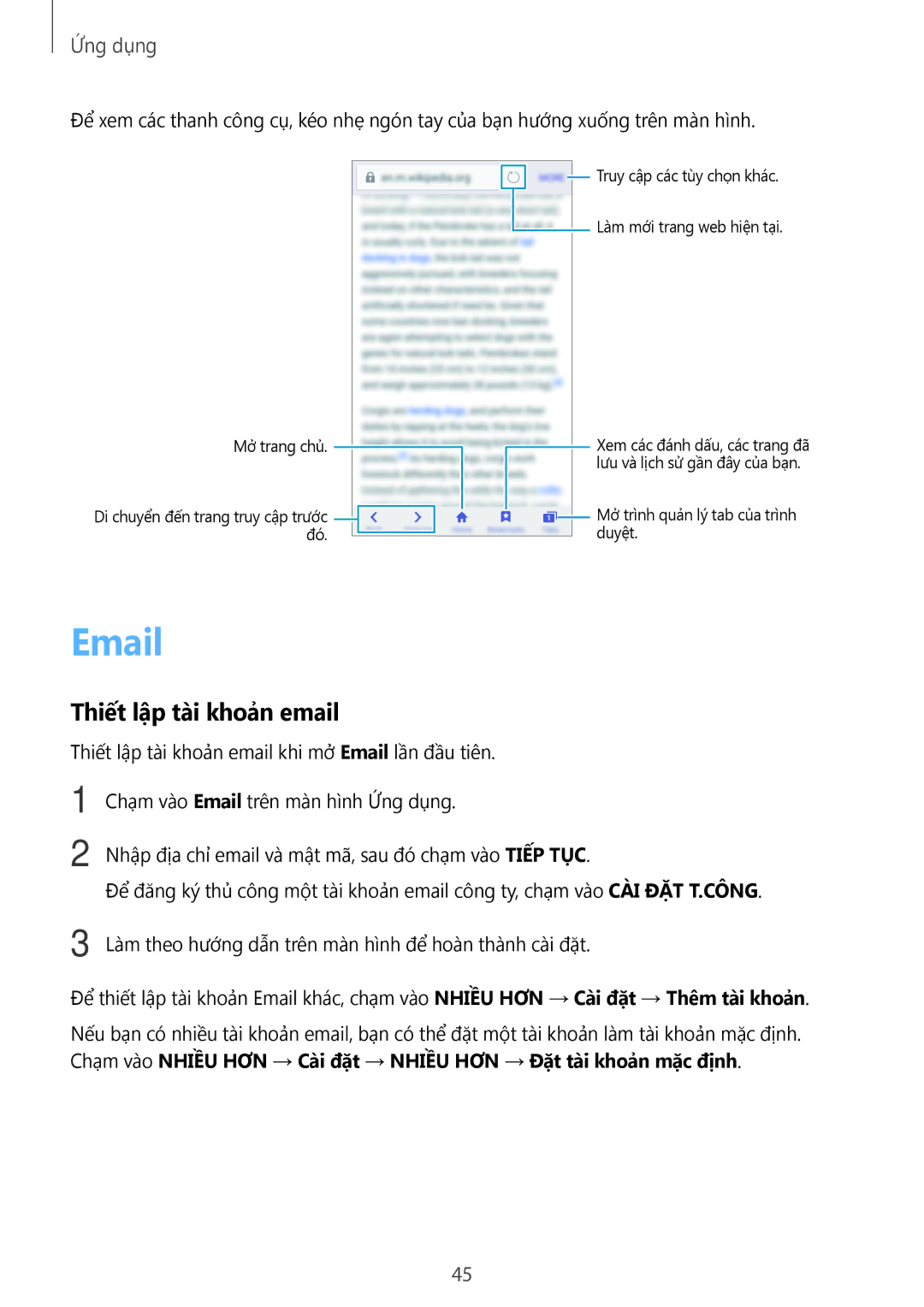 Samsung SM-J120HZKDXXV, SM-J120HZDDXXV, SM-J120HZWDXXV manual Thiết lập tài khoản email, Mở trang chủ 