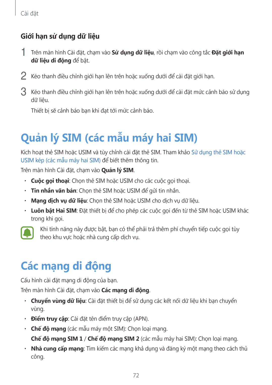 Samsung SM-J120HZKDXXV, SM-J120HZDDXXV manual Quản lý SIM các mẫu máy hai SIM, Các mạng di động, Giới hạn sử dụng dữ liệu 