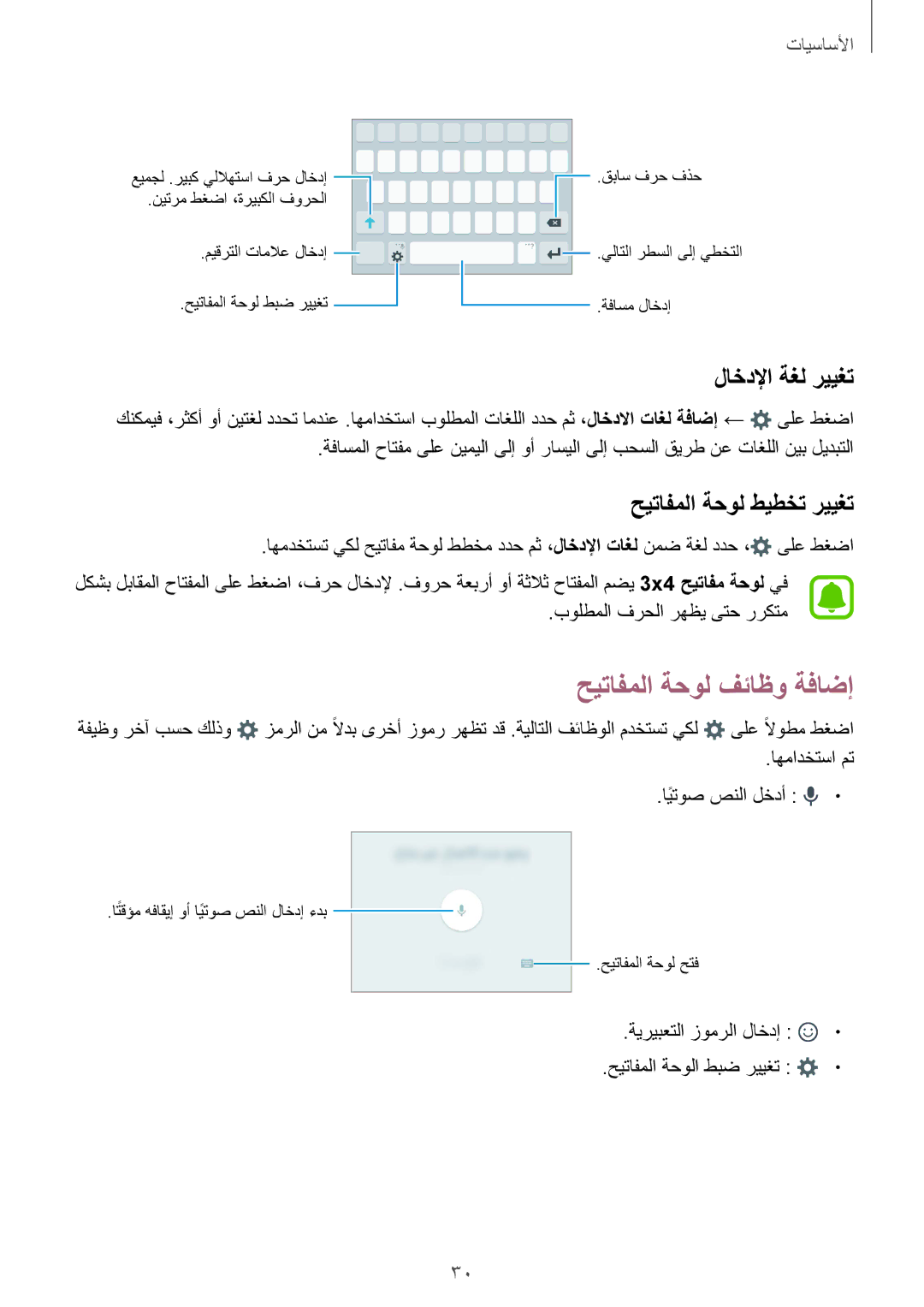 Samsung SM-J200FZKDKSA, SM-J200FZDDKSA manual حيتافملا ةحول فئاظو ةفاضإ, لاخدلإا ةغل رييغت, حيتافملا ةحول طيطخت رييغت 