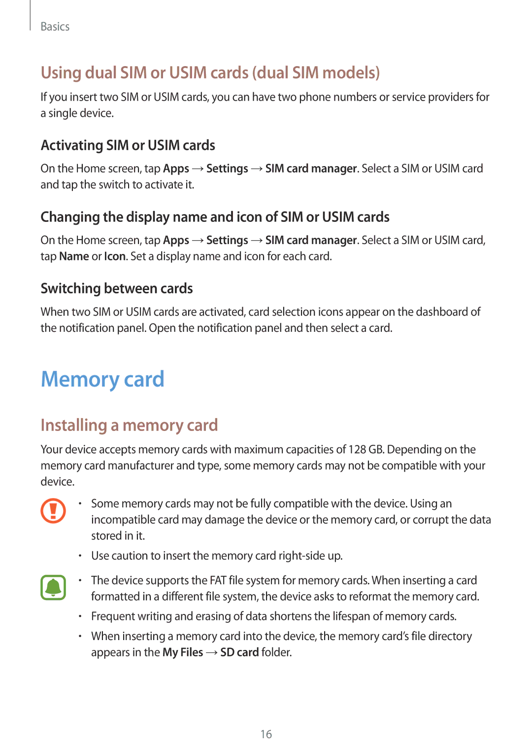 Samsung SM-J200FZWDKSA, SM-J200FZKDKSA Memory card, Using dual SIM or Usim cards dual SIM models, Installing a memory card 