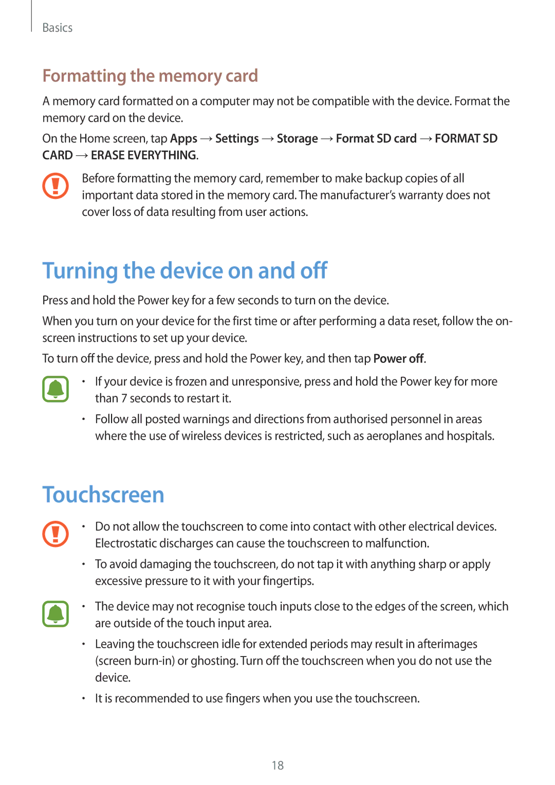 Samsung SM-J200HZDDSER, SM-J200FZKDKSA manual Turning the device on and off, Touchscreen, Formatting the memory card 