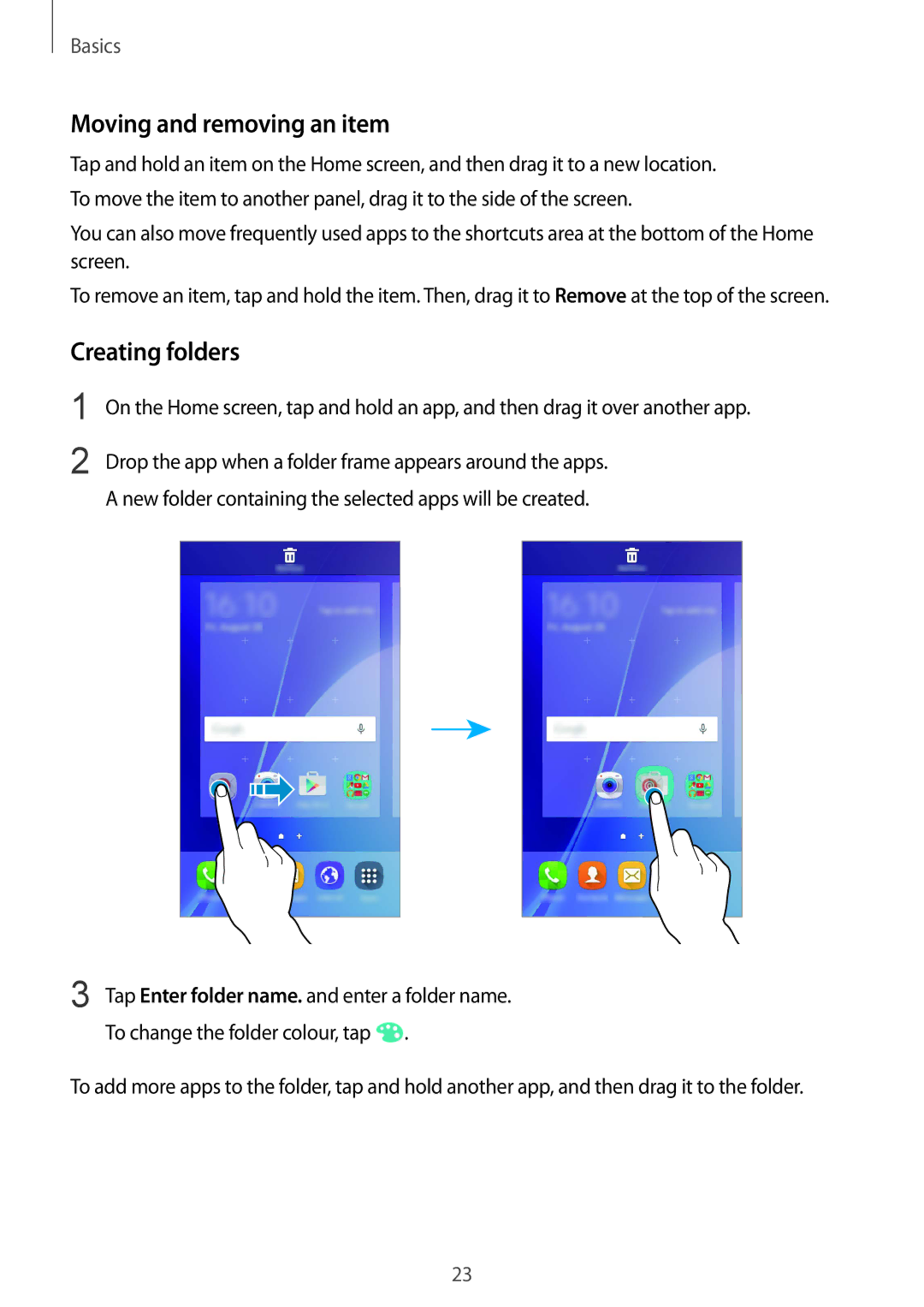 Samsung SM-J200HZWDSER, SM-J200FZKDKSA, SM-J200FZDDKSA, SM-J200HZDDKSA manual Moving and removing an item, Creating folders 