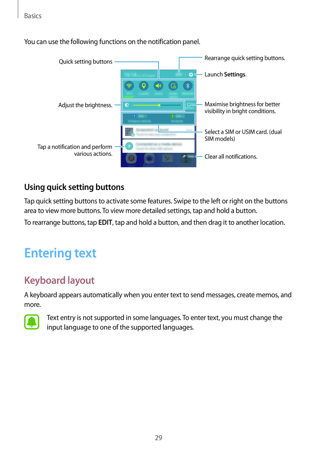 Samsung SM-J200HZWDKSA, SM-J200FZKDKSA, SM-J200FZDDKSA manual Entering text, Keyboard layout, Using quick setting buttons 