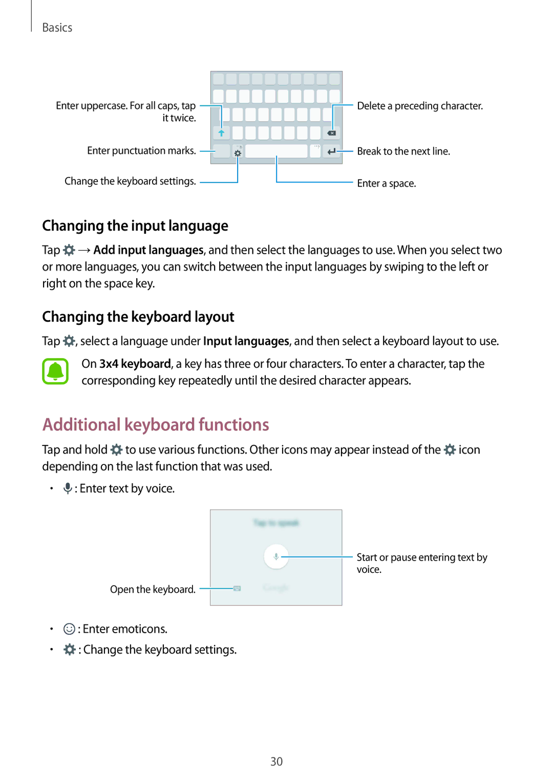 Samsung SM-J200HZDDSER manual Additional keyboard functions, Changing the input language, Changing the keyboard layout 