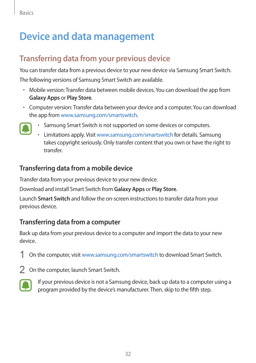 Samsung SM-J200HZKDSER, SM-J200FZKDKSA manual Device and data management, Transferring data from your previous device 